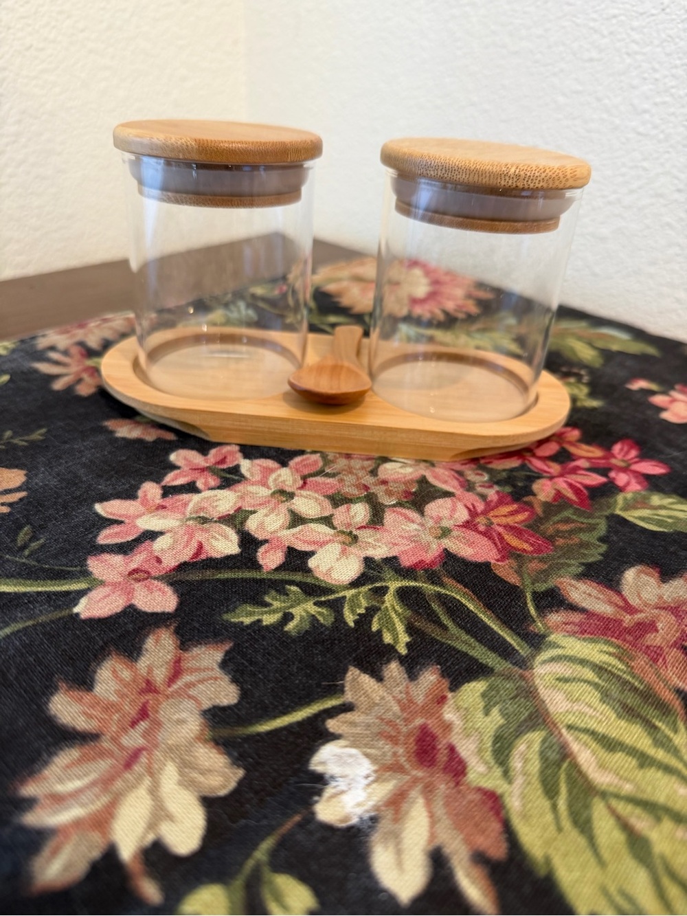 Bamboo Salt & Spice Jar Set with Tray and Spoon - Natural Wood